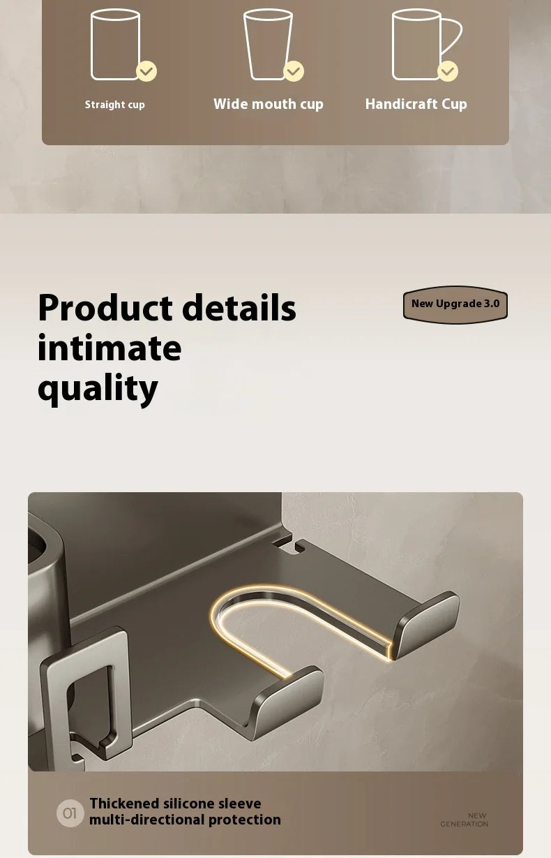 Gun Grey Non-Perforated Wall-Mounted Electric Rack Integrated Toilet Storage for Toothbrush Mouthwash Cup Hair Storage Holder