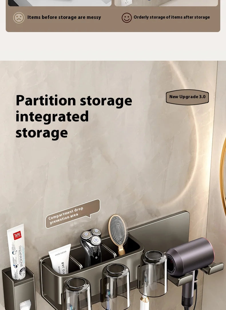 Gun Grey Non-Perforated Wall-Mounted Electric Rack Integrated Toilet Storage for Toothbrush Mouthwash Cup Hair Storage Holder