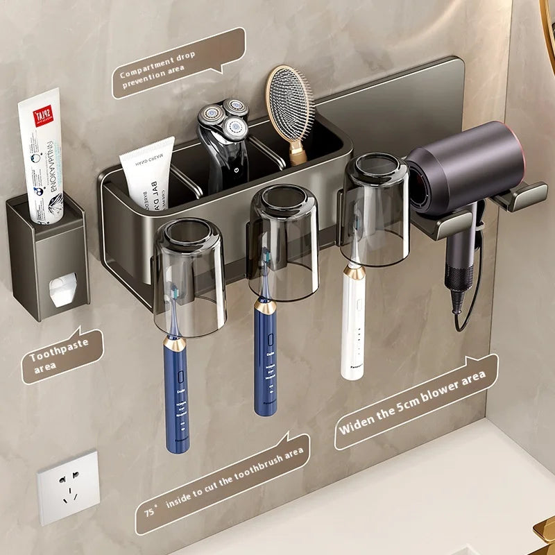 Gun Grey Non-Perforated Wall-Mounted Electric Rack Integrated Toilet Storage for Toothbrush Mouthwash Cup Hair Storage Holder