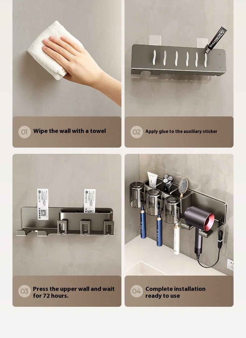 Gun Grey Non-Perforated Wall-Mounted Electric Rack Integrated Toilet Storage for Toothbrush Mouthwash Cup Hair Storage Holder