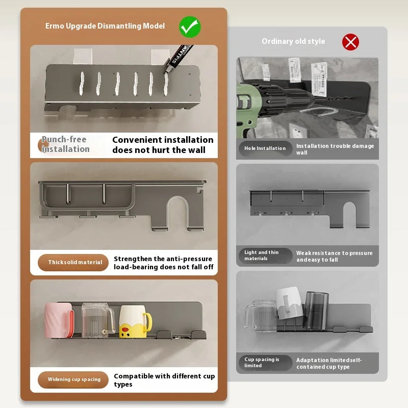 Gun Grey Non-Perforated Wall-Mounted Electric Rack Integrated Toilet Storage for Toothbrush Mouthwash Cup Hair Storage Holder