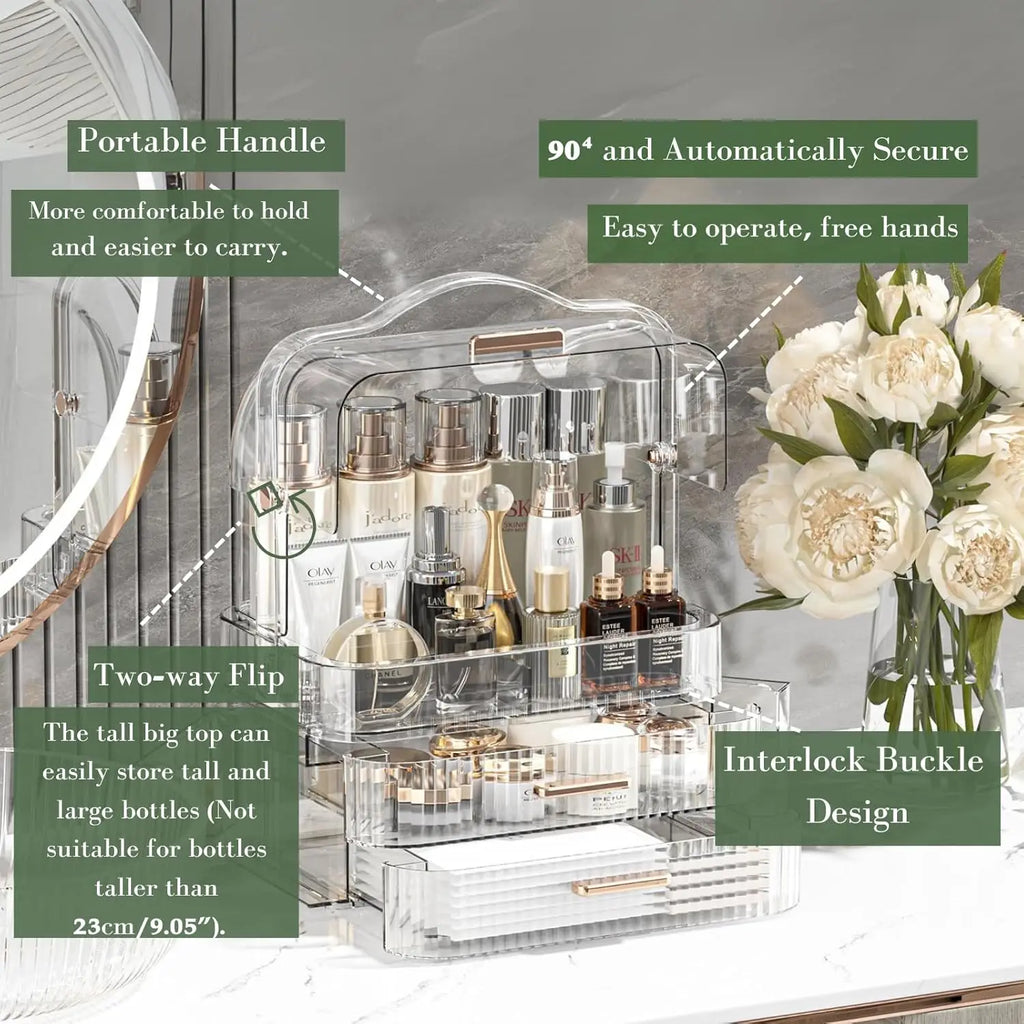 Boîte de rangement de cosmétiques avec couvercle et poignée, grande boîte de rangement de maquillage, tiroirs pour vitrines de soins de la peau, comptoir de salle de bain