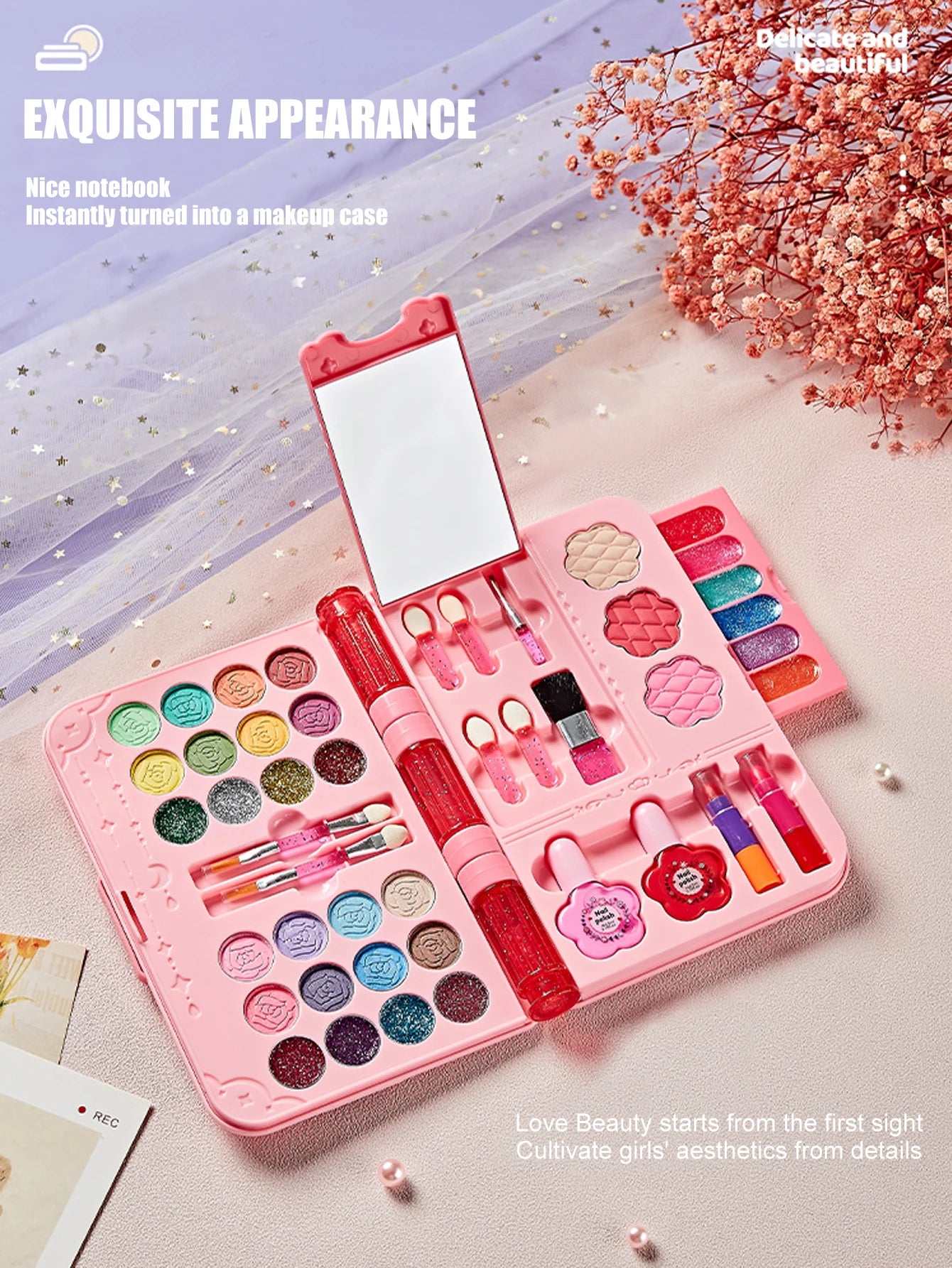Kit de maquillage pour enfants pour filles, ensemble de jouets de maquillage lavables avec miroir, ensemble de déguisement de beauté, jouets pour enfants de 3 4 5 6 7 8 9 10 11 12 Ye