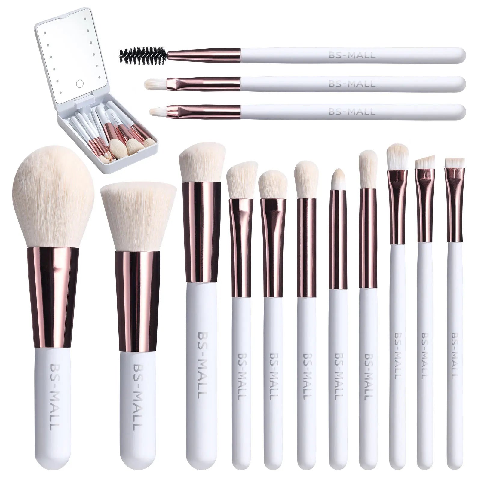 Ensemble de pinceaux de maquillage 14 pièces avec miroir éclairé, manche court Portable, lumière LED, Kit de pinceaux de maquillage rechargeables USB