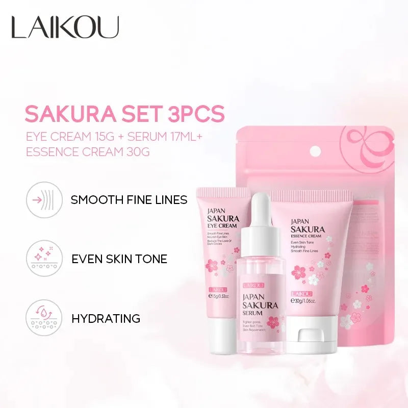 3 pièces/ensemble LAIKOU ensemble de soins de la peau vitamine C Sakura escargot Essence sérum & crème pour les yeux & crème pour le visage hydratant taille de voyage ensemble de soins de la peau