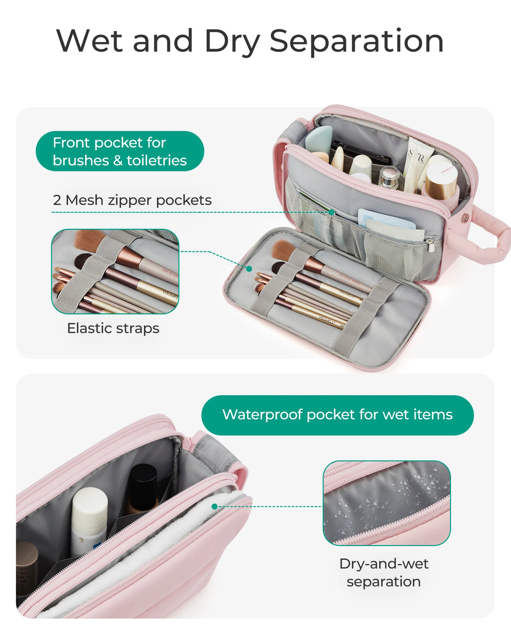 BAGSMART trousse de toilette de voyage sac cosmétique étanche pour femme sac de rangement de produits de soins de la peau de grande capacité sac de bain sec et humide