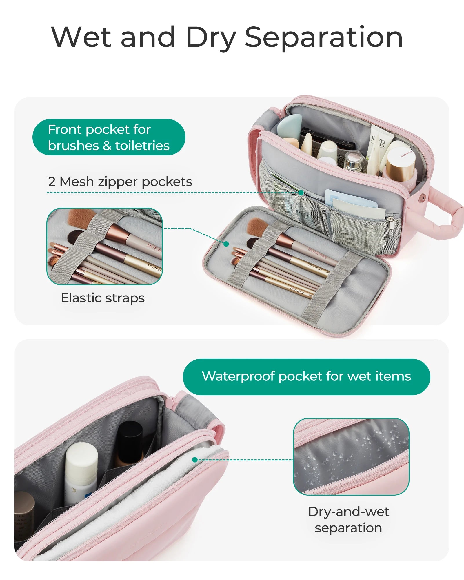 BAGSMART trousse de toilette de voyage sac cosmétique étanche pour femme sac de rangement de produits de soins de la peau de grande capacité sac de bain sec et humide