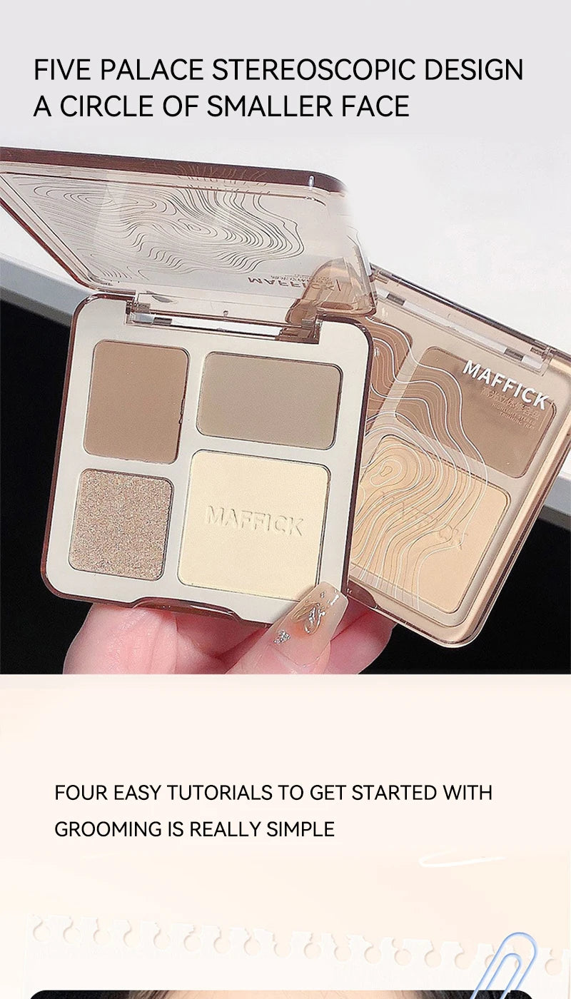 MAFFICK Palette de contour 4 couleurs : éclaircissant mat et reflets scintillants - Palette polyvalente multi-usage pour ombre à paupières, contour,