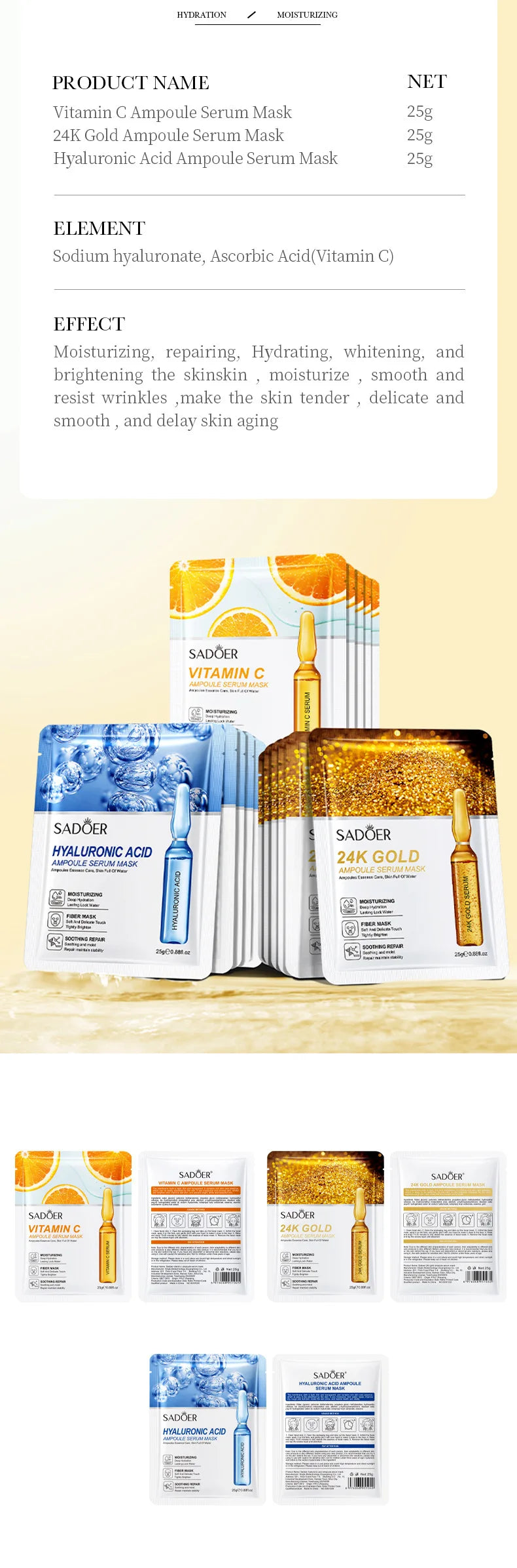 10 pièces SADOER 24K or vitamine C acide hyaluronique masque Facial hydratant raffermissant hydratant masques faciaux produits de soins de la peau