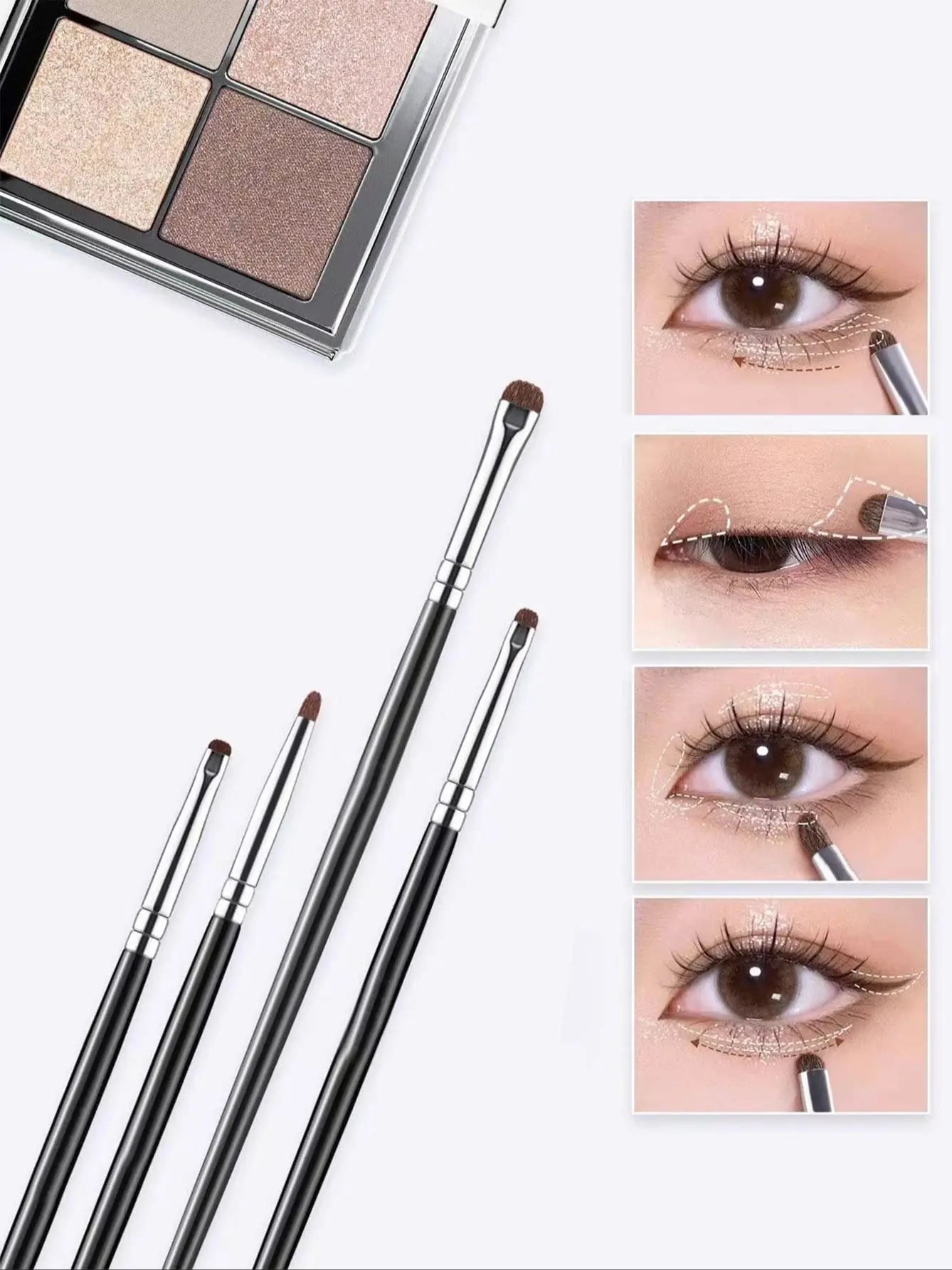 1 lot de 4 pinceaux de maquillage pour détails des yeux noirs, poils de poney, ombre à paupières de précision couchée, ver à soie, applicateur d'eye-liner éclaircissant, petit