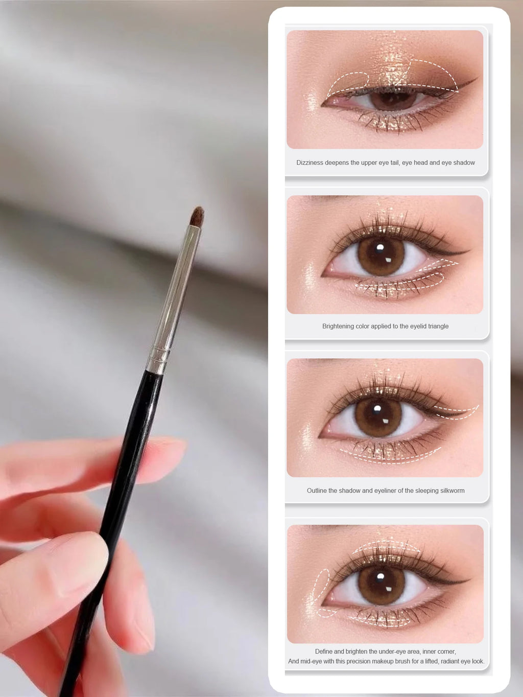 1 lot de 4 pinceaux de maquillage pour détails des yeux noirs, poils de poney, ombre à paupières de précision couchée, ver à soie, applicateur d'eye-liner éclaircissant, petit