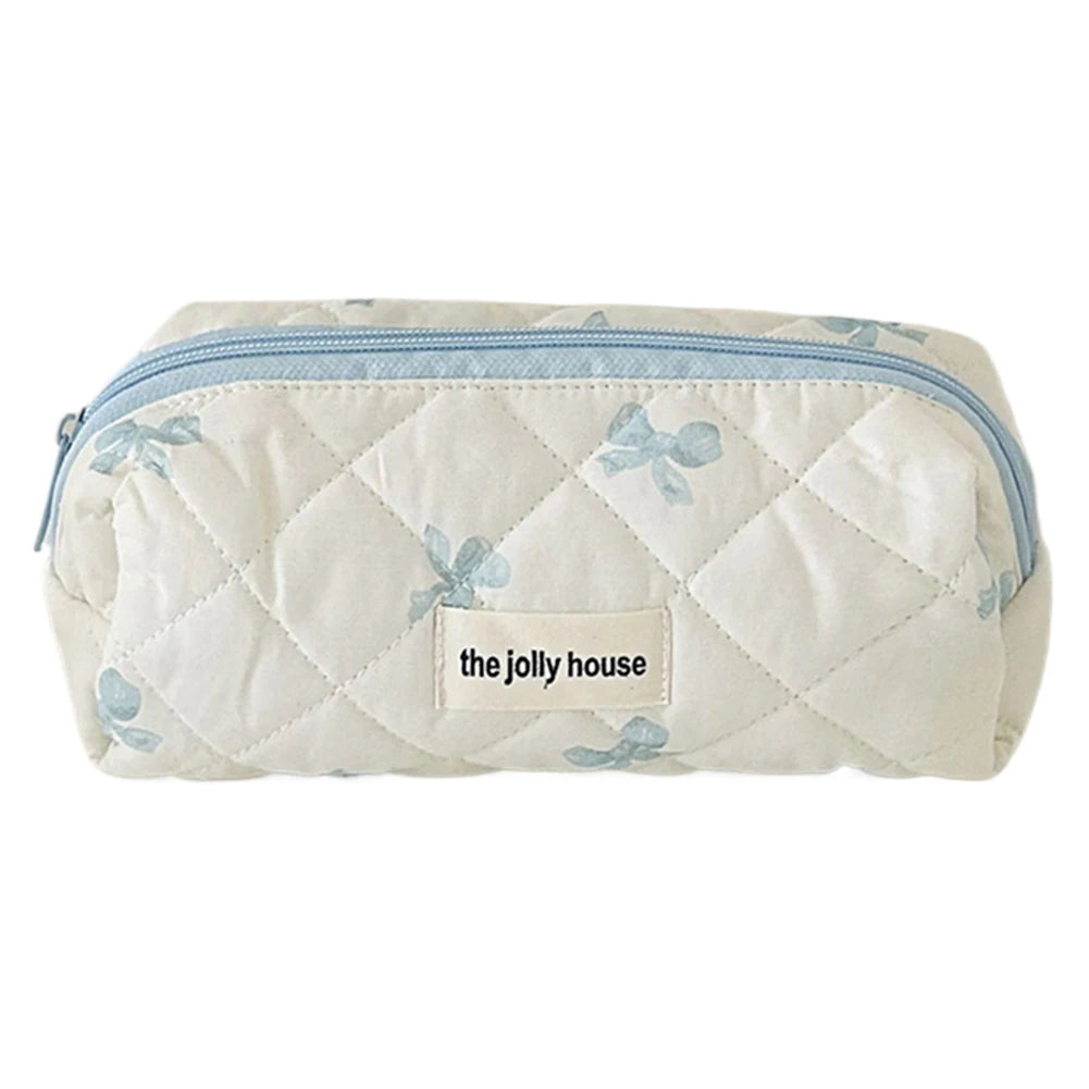 Trousse à cosmétiques en coton matelassé pour femmes et filles, trousse de maquillage, sac de soin de la peau avec fermeture éclair, joli nœud