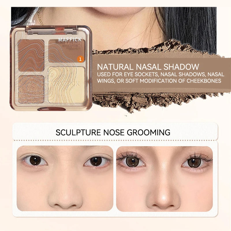 MAFFICK Palette de contour 4 couleurs : éclaircissant mat et reflets scintillants - Palette polyvalente multi-usage pour ombre à paupières, contour,