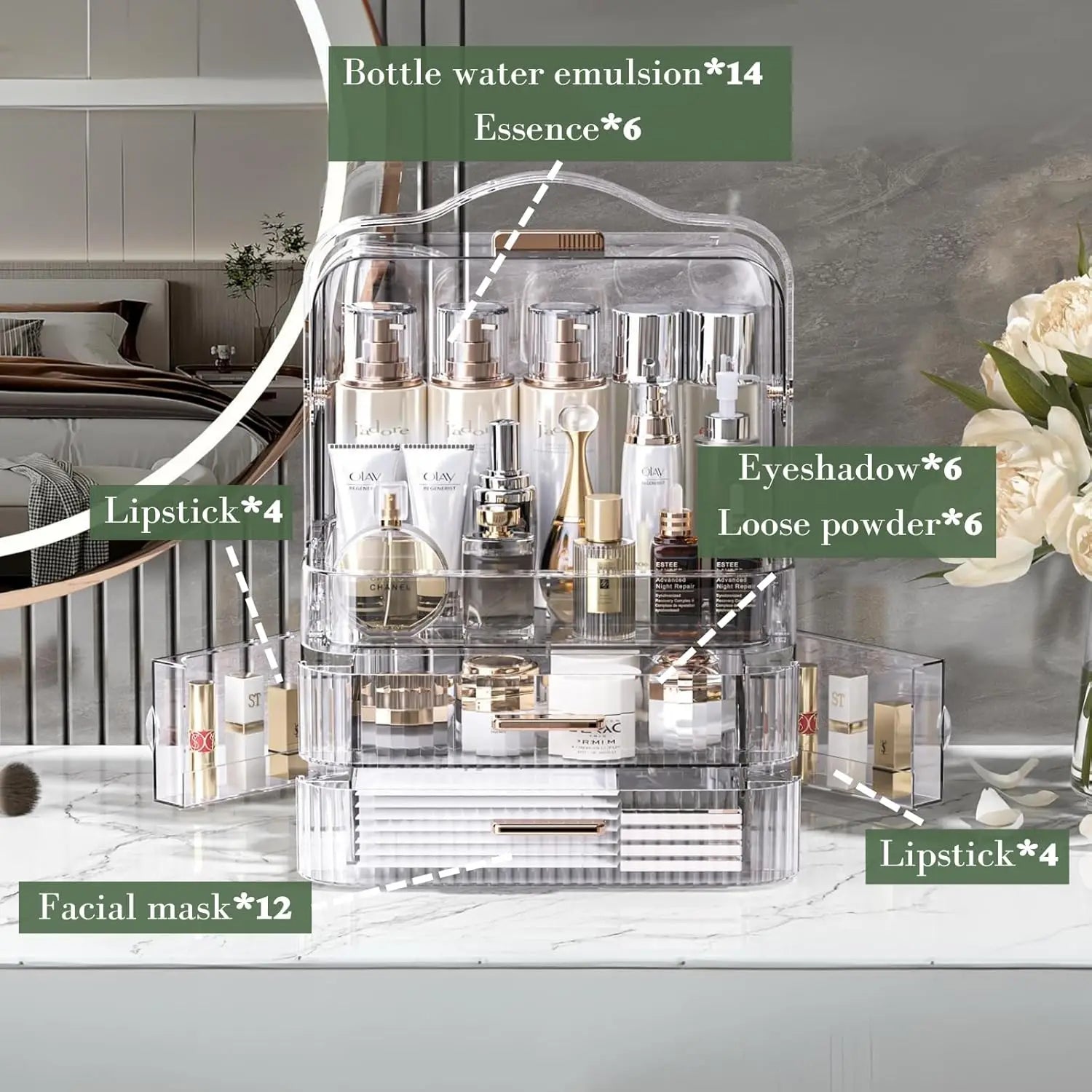 Boîte de rangement de cosmétiques avec couvercle et poignée, grande boîte de rangement de maquillage, tiroirs pour vitrines de soins de la peau, comptoir de salle de bain