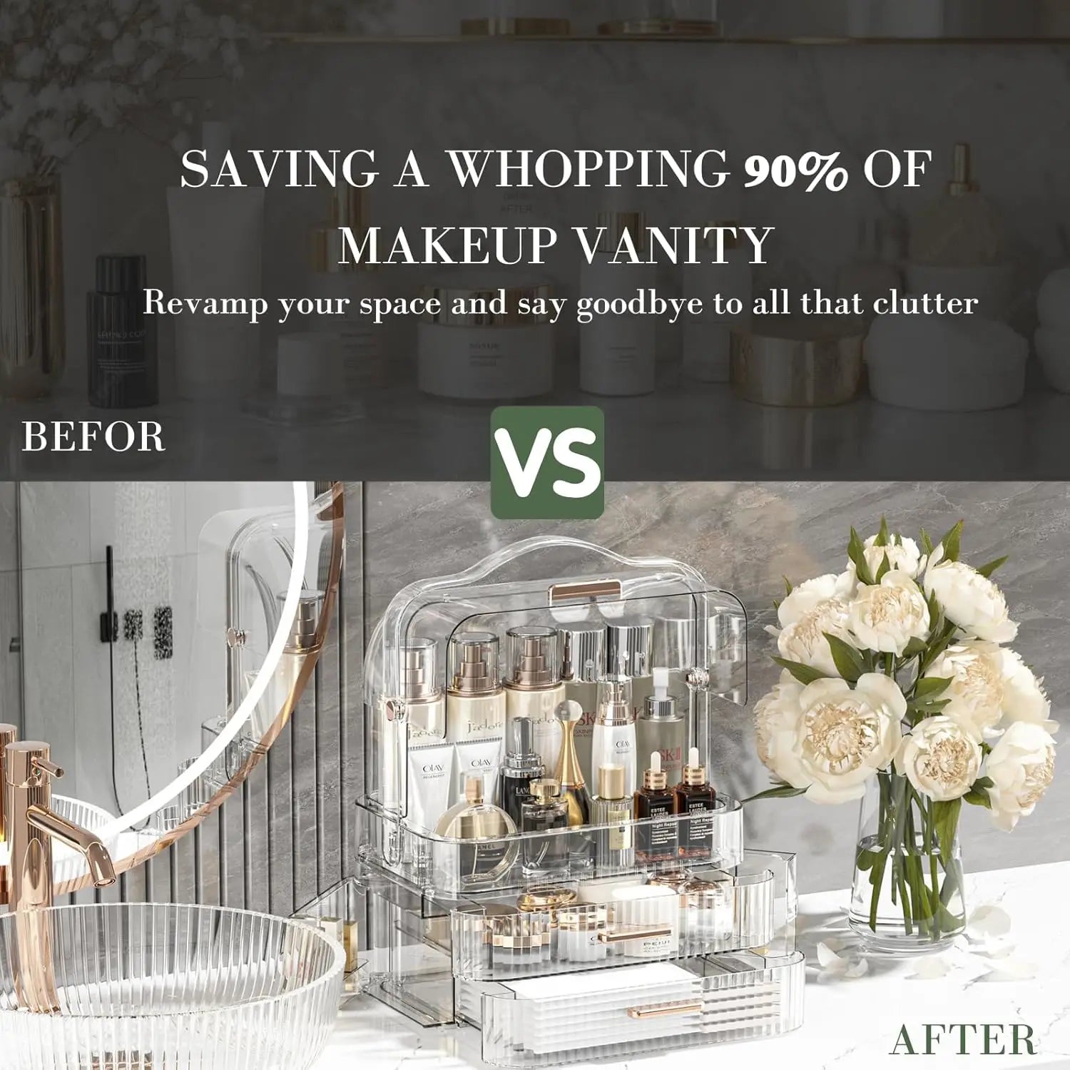 Boîte de rangement de cosmétiques avec couvercle et poignée, grande boîte de rangement de maquillage, tiroirs pour vitrines de soins de la peau, comptoir de salle de bain