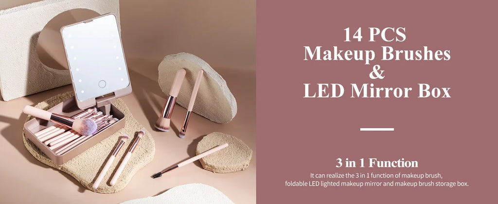 Ensemble de pinceaux de maquillage 14 pièces avec miroir éclairé, manche court Portable, lumière LED, Kit de pinceaux de maquillage rechargeables USB