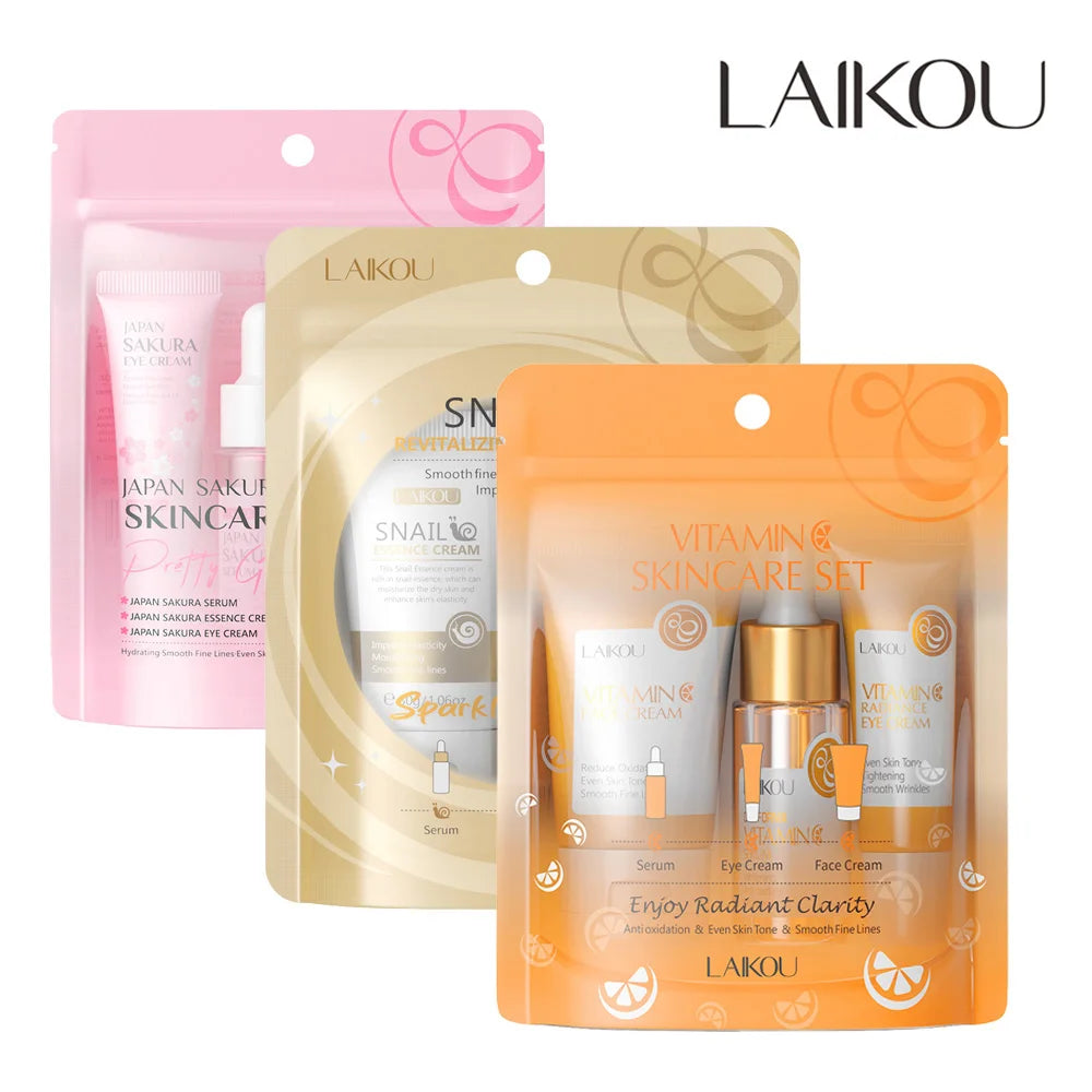 3 pièces/ensemble LAIKOU ensemble de soins de la peau vitamine C Sakura escargot Essence sérum & crème pour les yeux & crème pour le visage hydratant taille de voyage ensemble de soins de la peau
