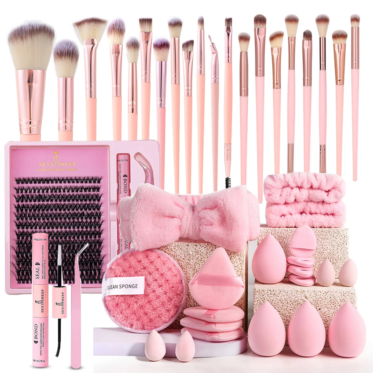 Ensemble de pinceaux et d'éponges de maquillage, bouffantes de maquillage roses, bandeau, dissolvant de bracelet, Kit d'extension de cils DIY 8-16mm, outil de maquillage