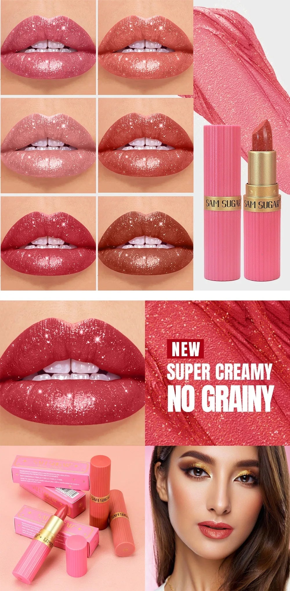 Rouge à lèvres luxueux à paillettes métalliques, rose chair, longue durée, imperméable, ne se décolore pas, perle scintillante, brillant à lèvres marron, maquillage