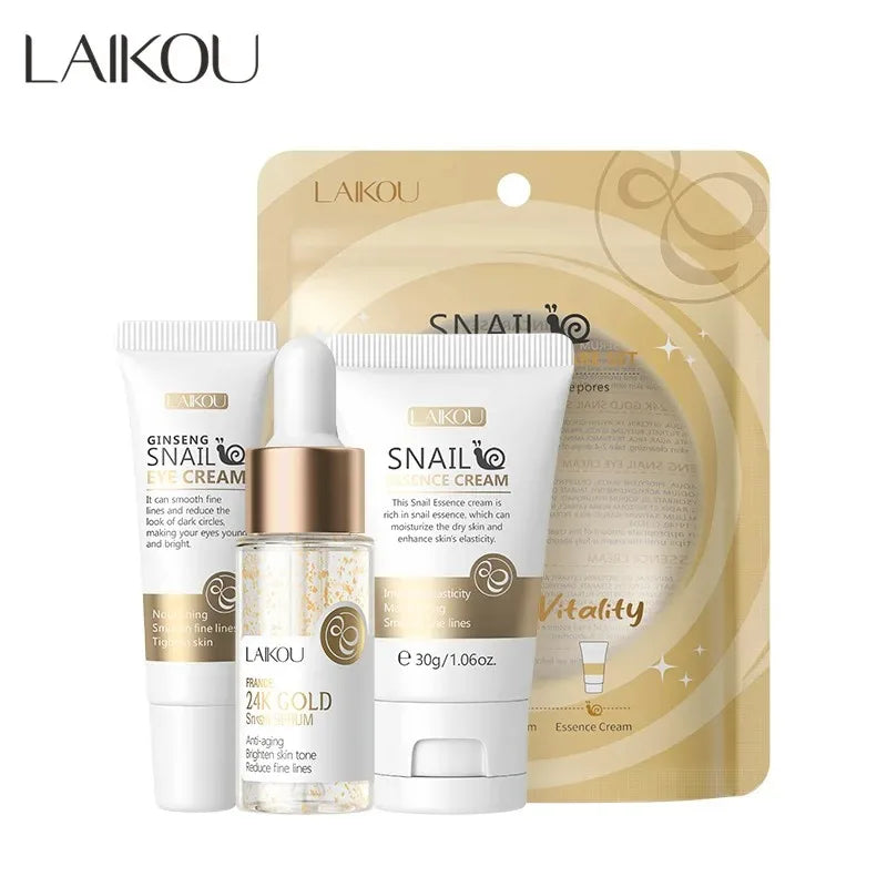 3 pièces/ensemble LAIKOU ensemble de soins de la peau vitamine C Sakura escargot Essence sérum & crème pour les yeux & crème pour le visage hydratant taille de voyage ensemble de soins de la peau