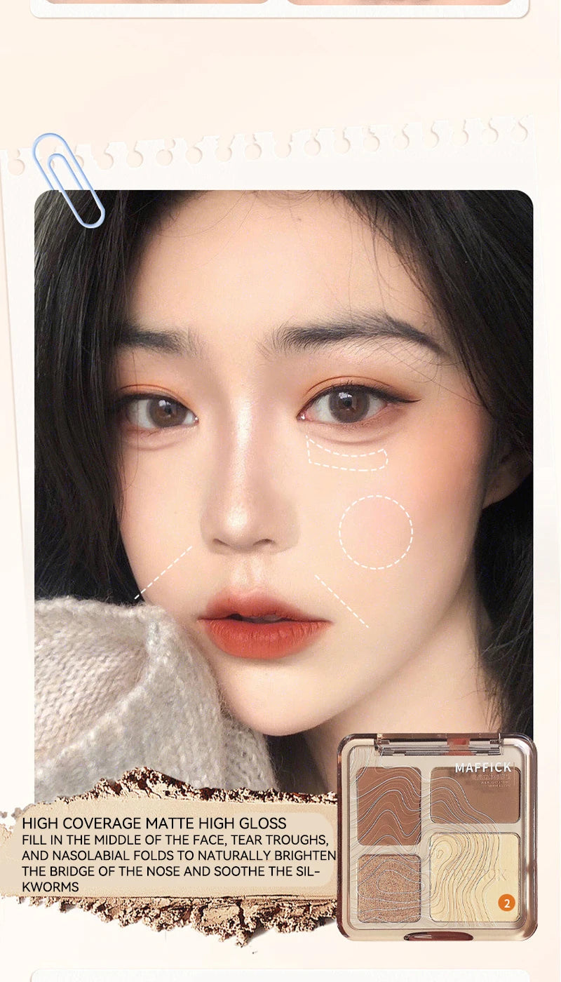 MAFFICK Palette de contour 4 couleurs : éclaircissant mat et reflets scintillants - Palette polyvalente multi-usage pour ombre à paupières, contour,