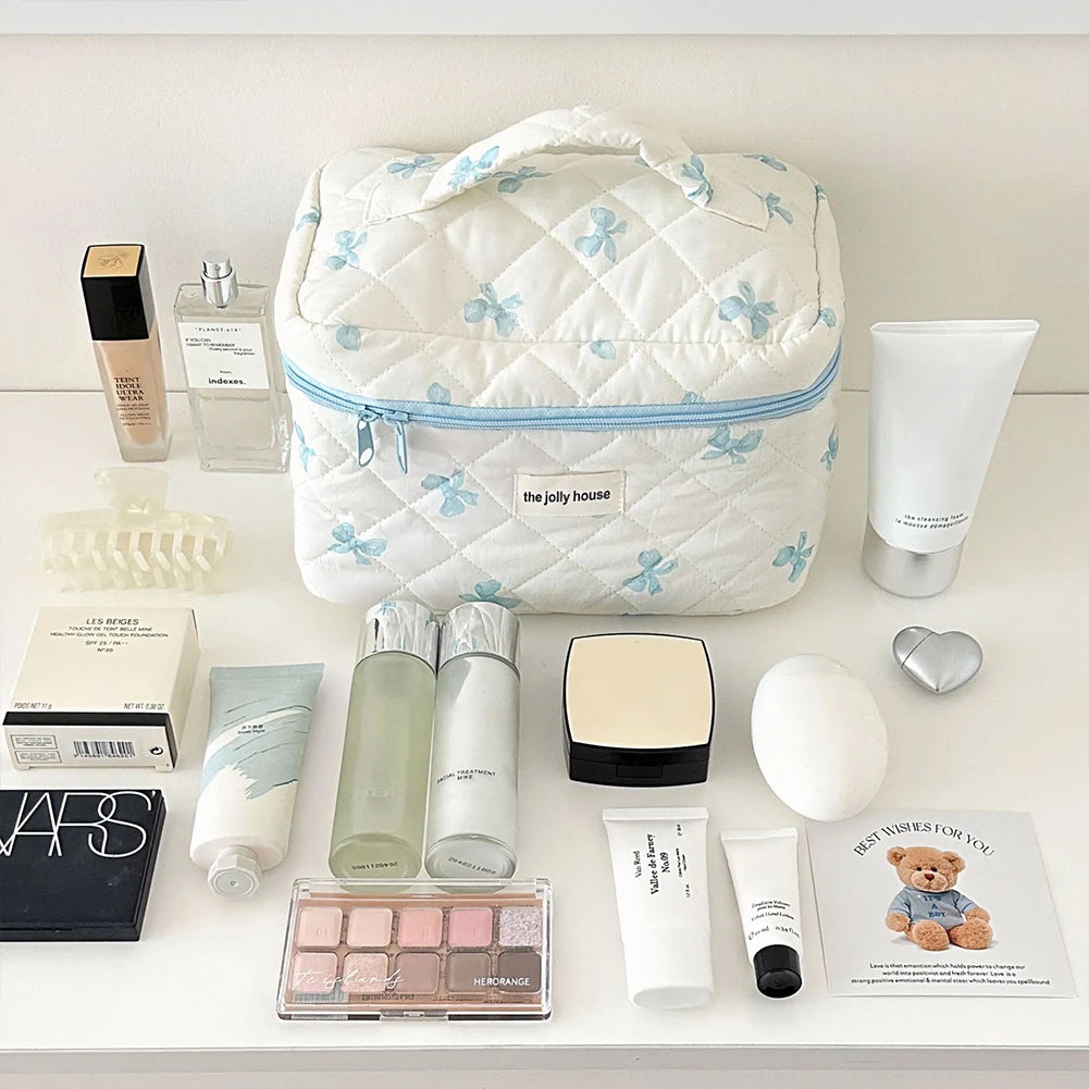 Trousse à cosmétiques en coton matelassé pour femmes et filles, trousse de maquillage, sac de soin de la peau avec fermeture éclair, joli nœud