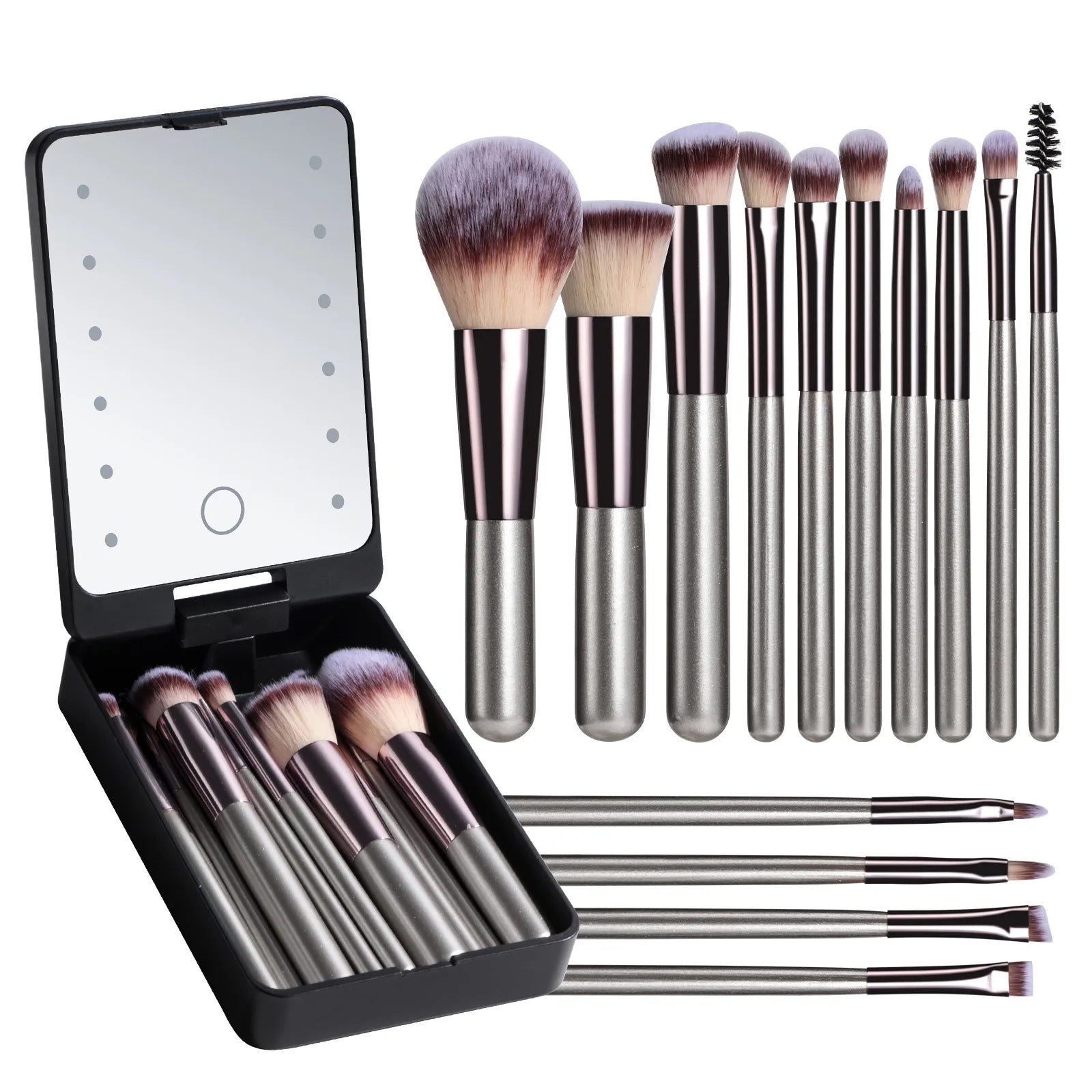 Ensemble de pinceaux de maquillage 14 pièces avec miroir éclairé, manche court Portable, lumière LED, Kit de pinceaux de maquillage rechargeables USB
