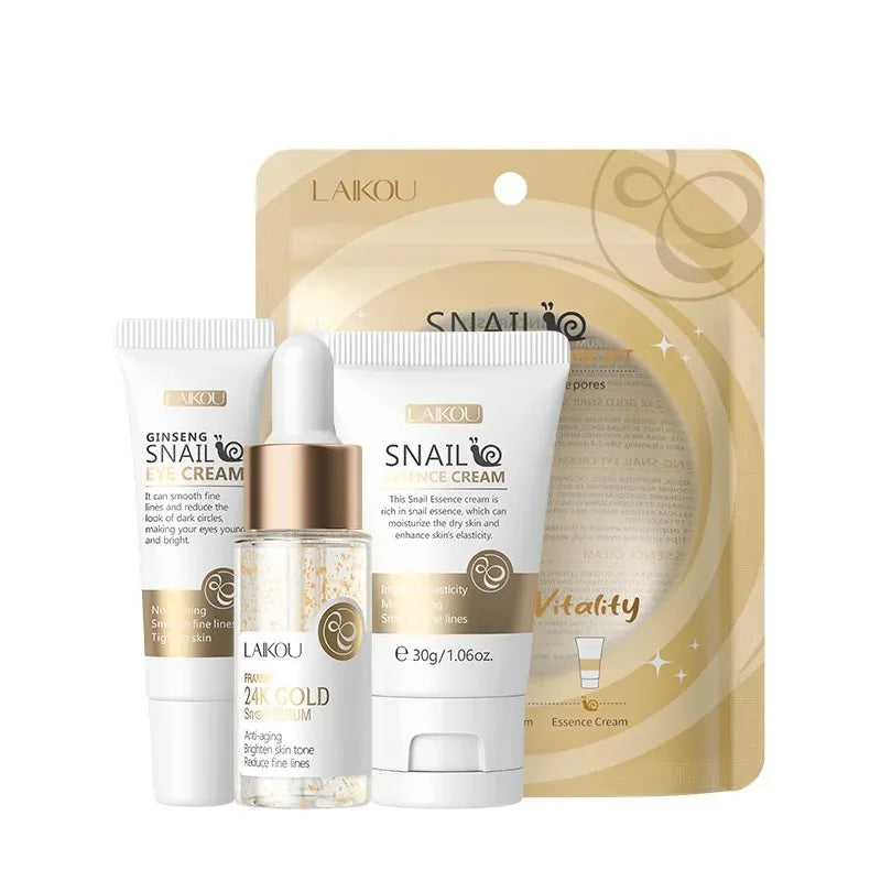 3 pièces/ensemble LAIKOU ensemble de soins de la peau vitamine C Sakura escargot Essence sérum & crème pour les yeux & crème pour le visage hydratant taille de voyage ensemble de soins de la peau