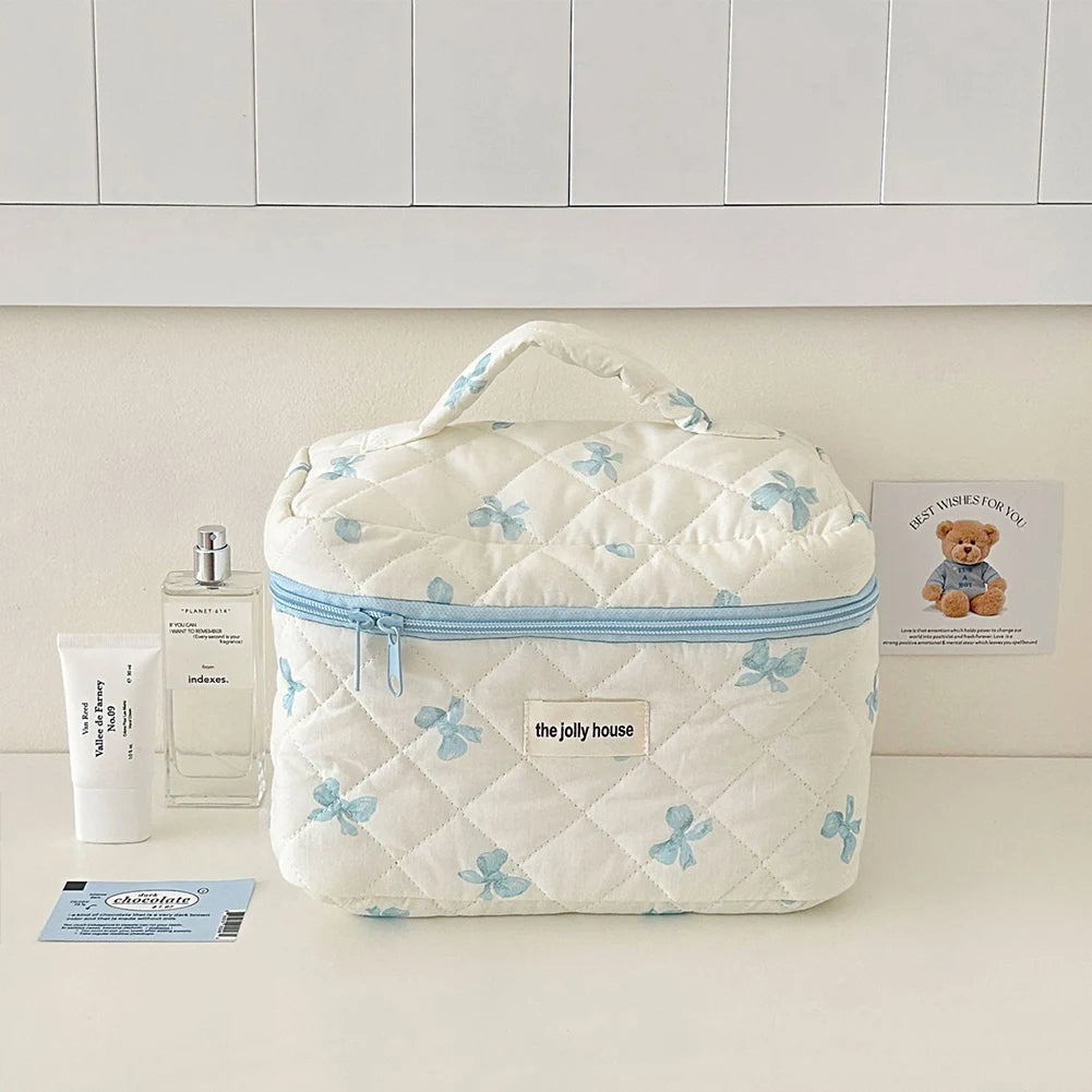 Trousse à cosmétiques en coton matelassé pour femmes et filles, trousse de maquillage, sac de soin de la peau avec fermeture éclair, joli nœud