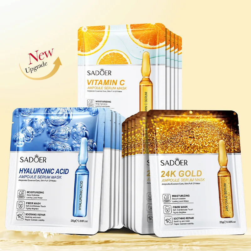 10 pièces SADOER 24K or vitamine C acide hyaluronique masque Facial hydratant raffermissant hydratant masques faciaux produits de soins de la peau
