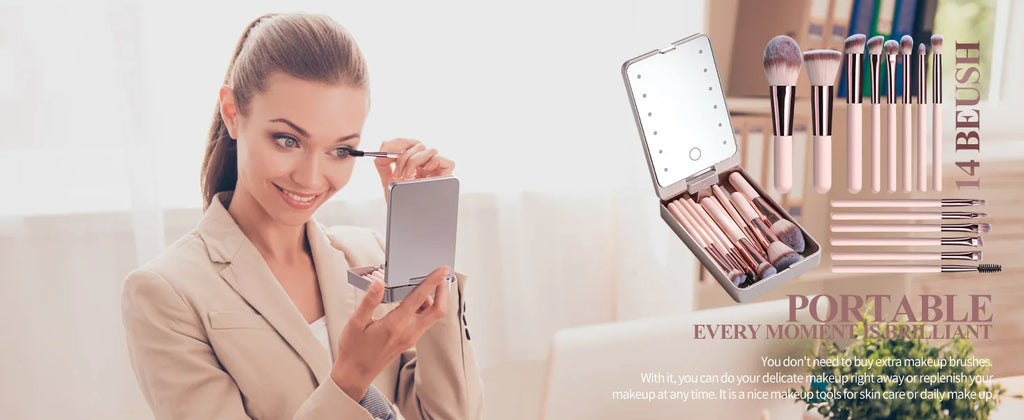 Ensemble de pinceaux de maquillage 14 pièces avec miroir éclairé, manche court Portable, lumière LED, Kit de pinceaux de maquillage rechargeables USB