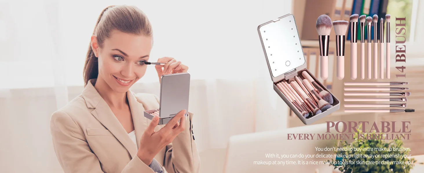 Ensemble de pinceaux de maquillage 14 pièces avec miroir éclairé, manche court Portable, lumière LED, Kit de pinceaux de maquillage rechargeables USB