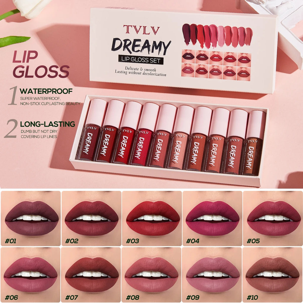 Ensemble de maquillage pour vernis à lèvres rouge, 10 couleurs, exquis, pratique, confortable, Portable, facile à appliquer