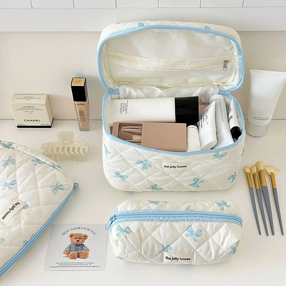 Trousse à cosmétiques en coton matelassé pour femmes et filles, trousse de maquillage, sac de soin de la peau avec fermeture éclair, joli nœud