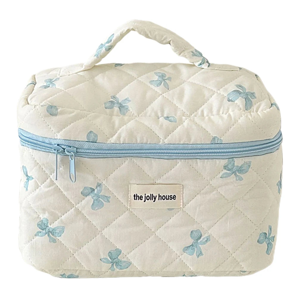 Trousse à cosmétiques en coton matelassé pour femmes et filles, trousse de maquillage, sac de soin de la peau avec fermeture éclair, joli nœud