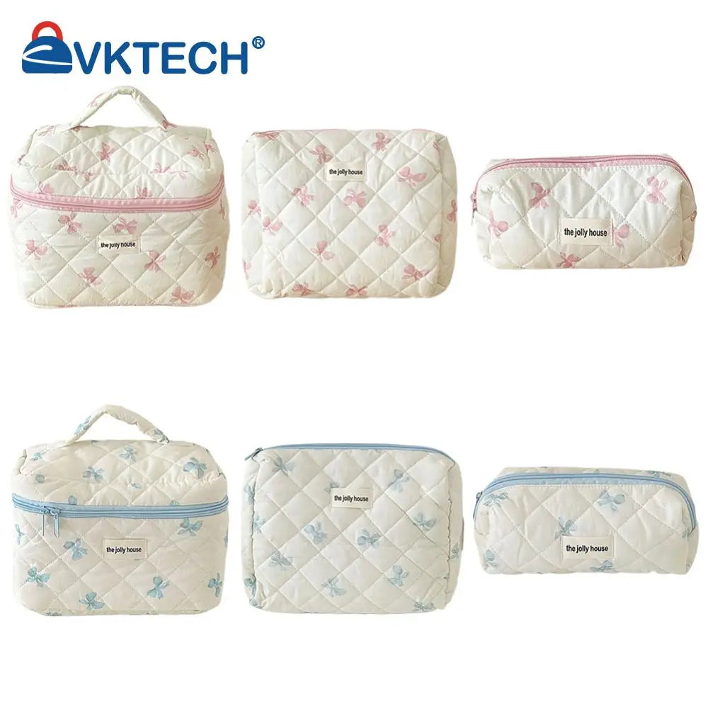 Trousse à cosmétiques en coton matelassé pour femmes et filles, trousse de maquillage, sac de soin de la peau avec fermeture éclair, joli nœud