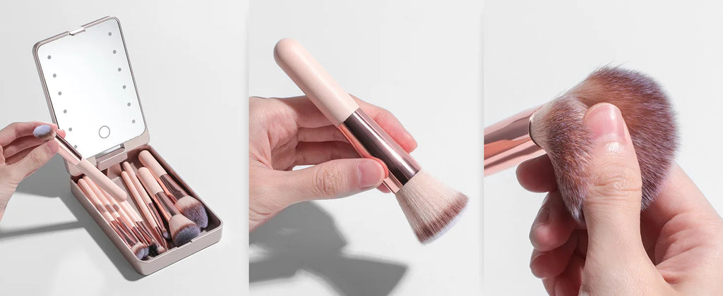 Ensemble de pinceaux de maquillage 14 pièces avec miroir éclairé, manche court Portable, lumière LED, Kit de pinceaux de maquillage rechargeables USB