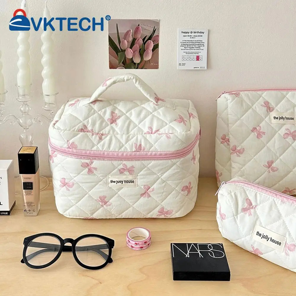 Trousse à cosmétiques en coton matelassé pour femmes et filles, trousse de maquillage, sac de soin de la peau avec fermeture éclair, joli nœud