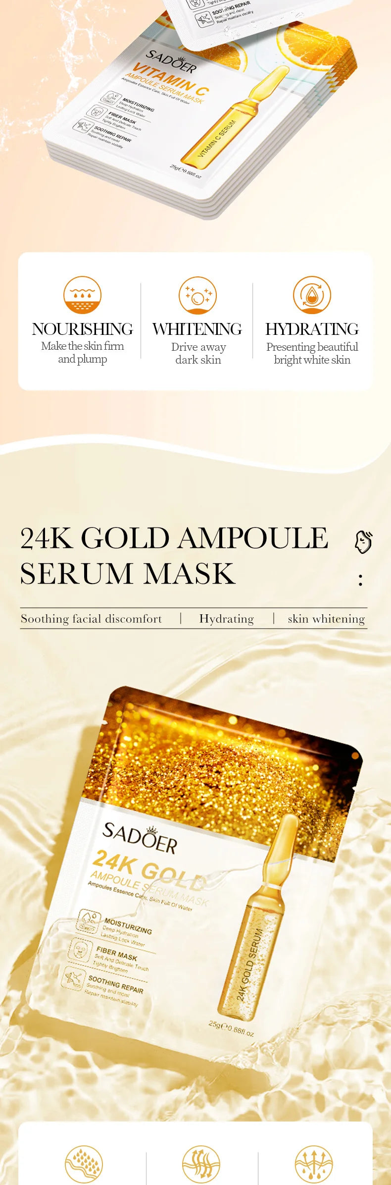 10 pièces SADOER 24K or vitamine C acide hyaluronique masque Facial hydratant raffermissant hydratant masques faciaux produits de soins de la peau