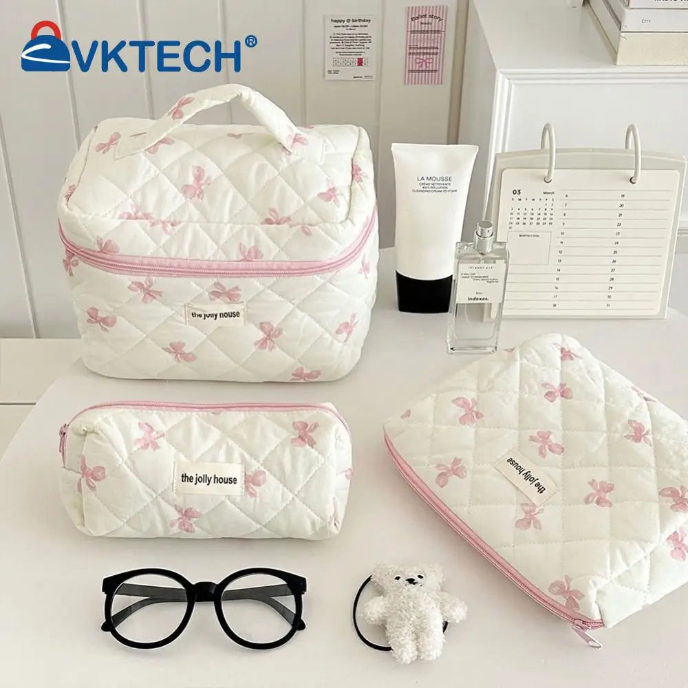 Trousse à cosmétiques en coton matelassé pour femmes et filles, trousse de maquillage, sac de soin de la peau avec fermeture éclair, joli nœud