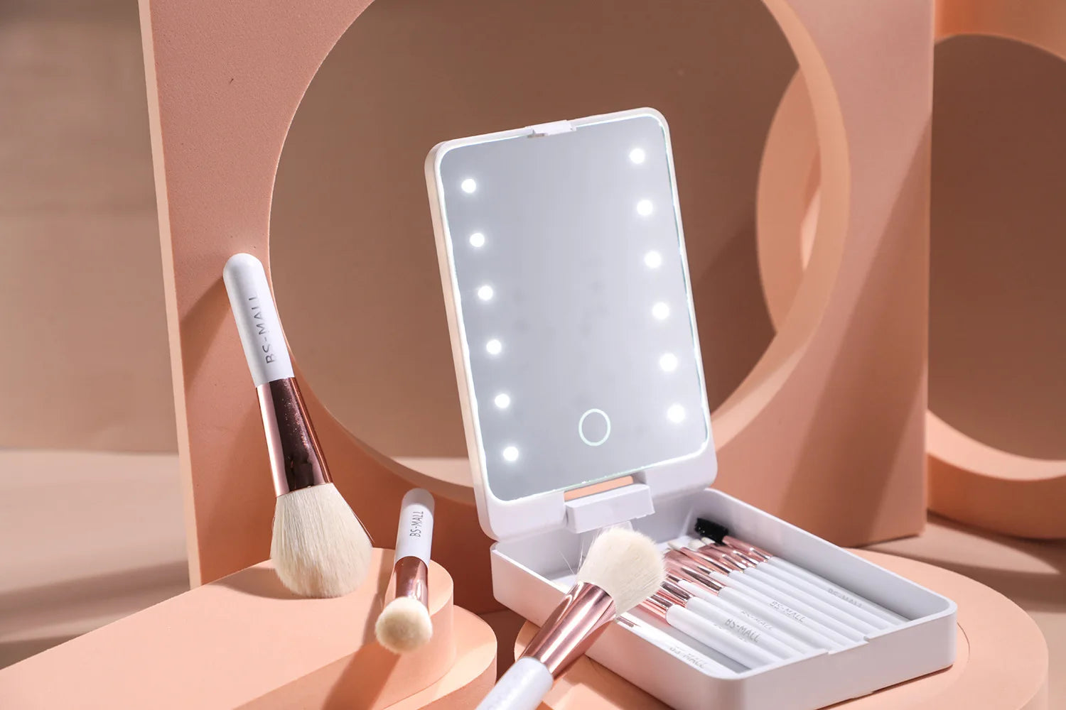 Ensemble de pinceaux de maquillage 14 pièces avec miroir éclairé, manche court Portable, lumière LED, Kit de pinceaux de maquillage rechargeables USB