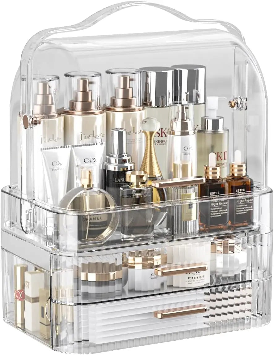 Boîte de rangement de cosmétiques avec couvercle et poignée, grande boîte de rangement de maquillage, tiroirs pour vitrines de soins de la peau, comptoir de salle de bain