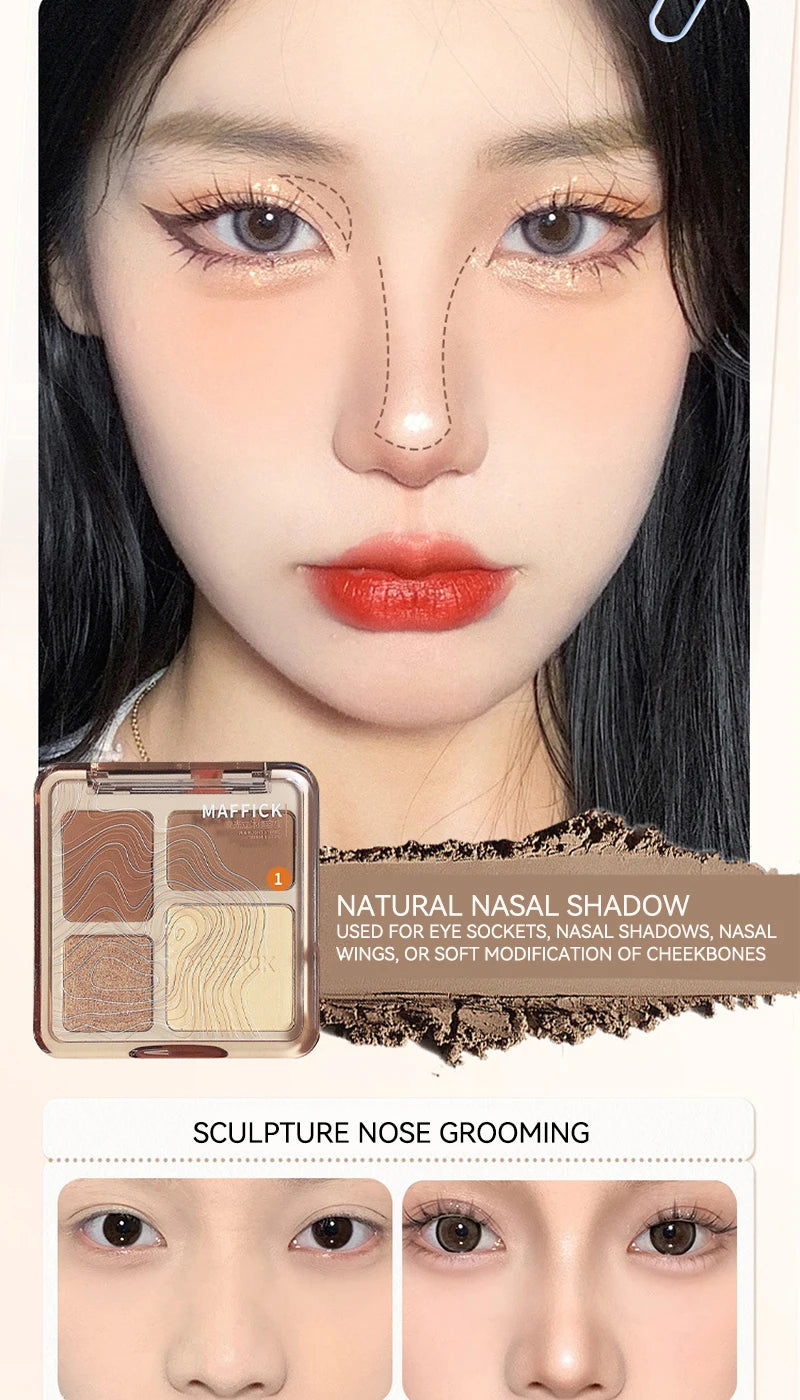 MAFFICK Palette de contour 4 couleurs : éclaircissant mat et reflets scintillants - Palette polyvalente multi-usage pour ombre à paupières, contour,