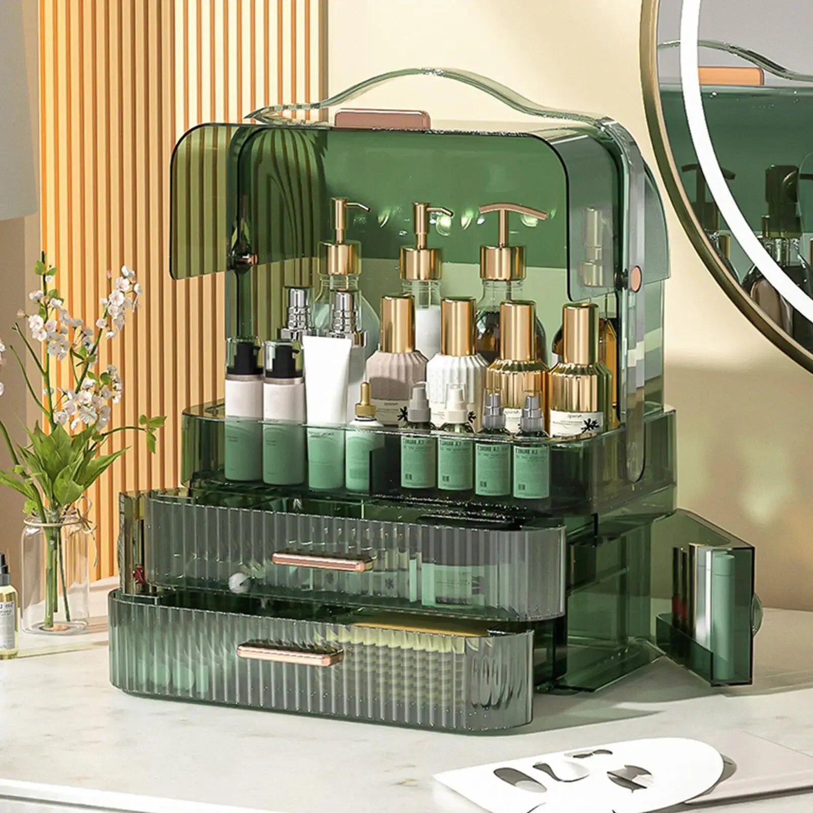 Boîte de rangement de cosmétiques avec couvercle et poignée, grande boîte de rangement de maquillage, tiroirs pour vitrines de soins de la peau, comptoir de salle de bain