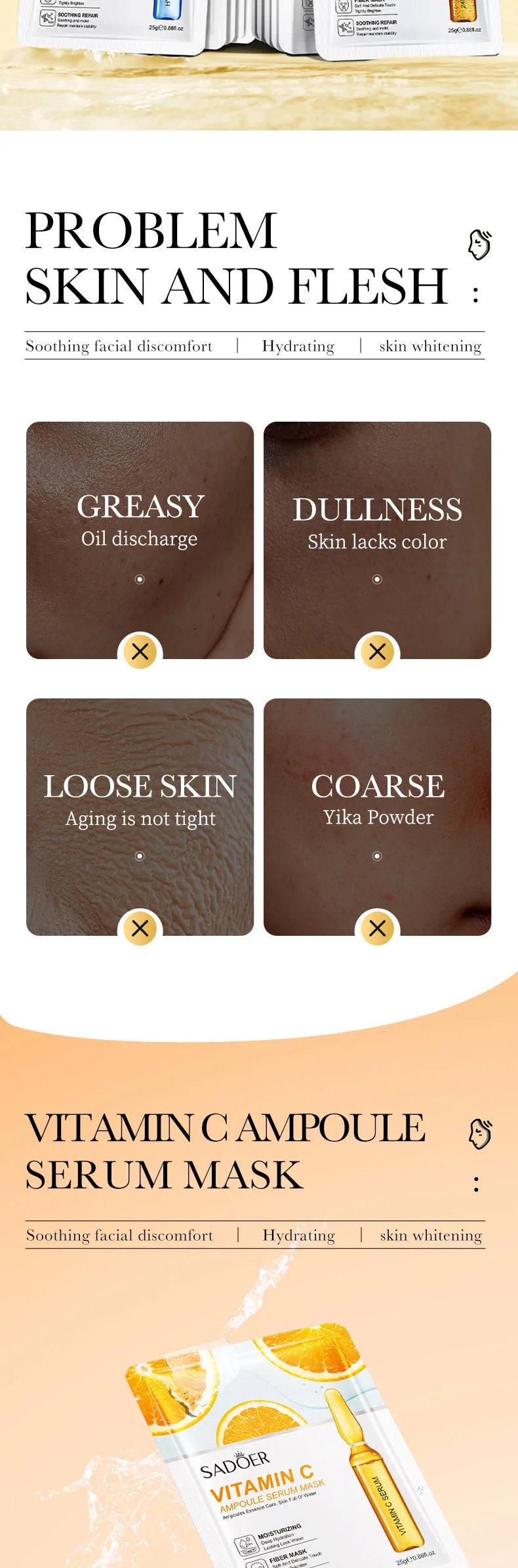 10 pièces SADOER 24K or vitamine C acide hyaluronique masque Facial hydratant raffermissant hydratant masques faciaux produits de soins de la peau