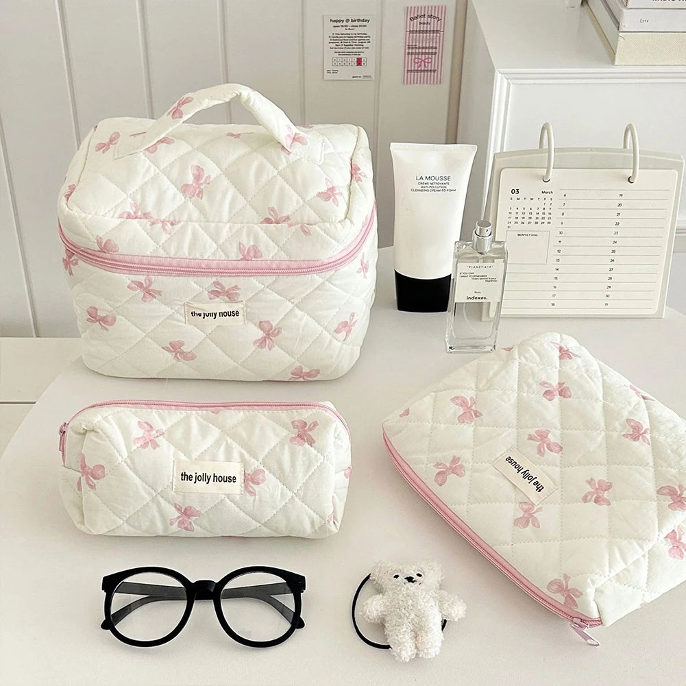Trousse à cosmétiques en coton matelassé pour femmes et filles, trousse de maquillage, sac de soin de la peau avec fermeture éclair, joli nœud