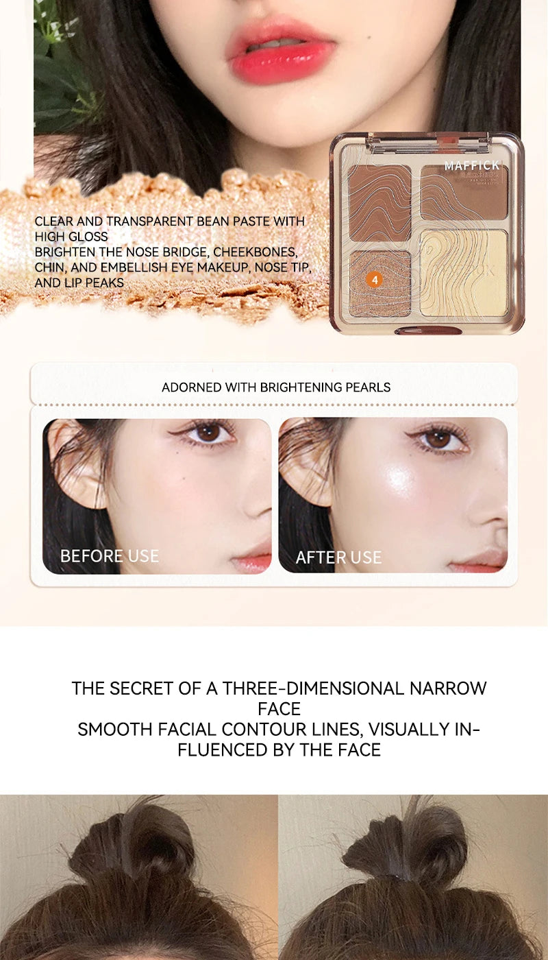 MAFFICK Palette de contour 4 couleurs : éclaircissant mat et reflets scintillants - Palette polyvalente multi-usage pour ombre à paupières, contour,