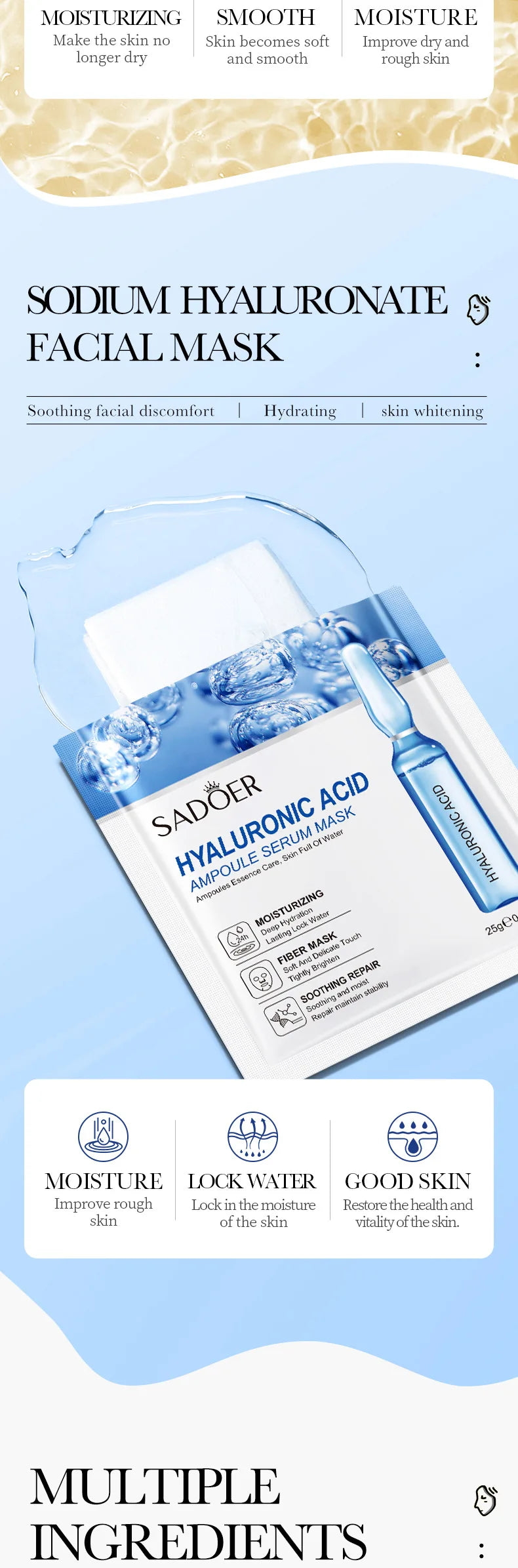 10 pièces SADOER 24K or vitamine C acide hyaluronique masque Facial hydratant raffermissant hydratant masques faciaux produits de soins de la peau