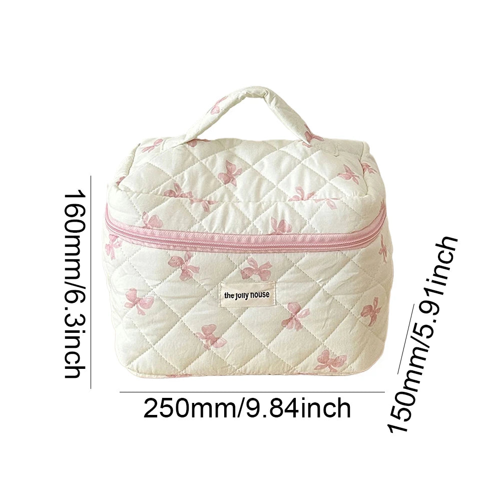 Trousse à cosmétiques en coton matelassé pour femmes et filles, trousse de maquillage, sac de soin de la peau avec fermeture éclair, joli nœud