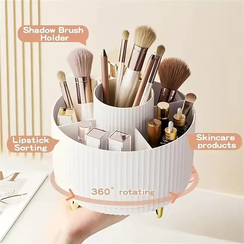 360 °   Boîte de rangement rotative, organisateur de maquillage de bureau, porte-brosse cosmétique, rouge à lèvres, porte-crayon à sourcils, conteneur de bijoux